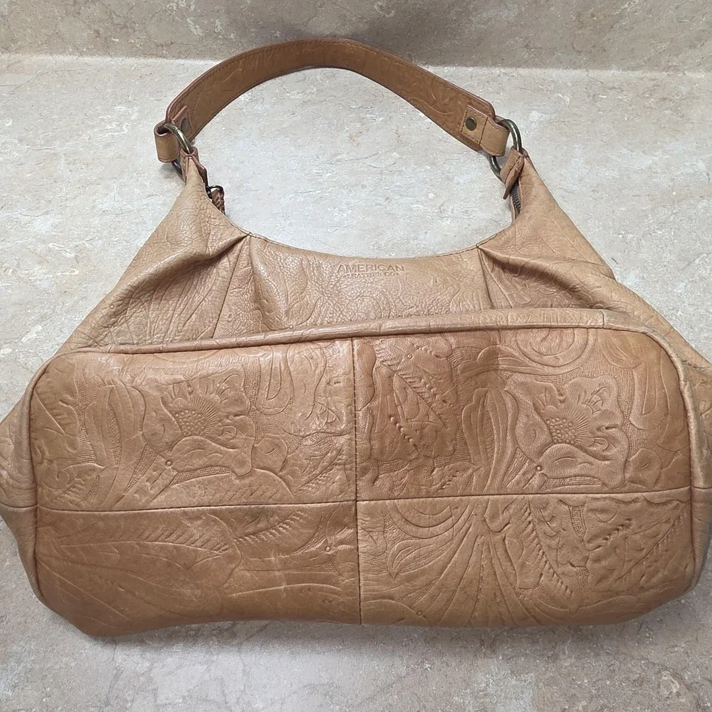 American Leather Co Hobo Bag Large Tan‎ Floral Embossed Leather Purse Slouchy